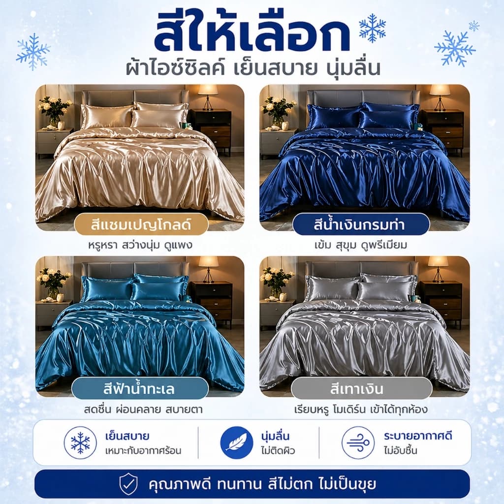 ชุดเครื่องนอนเย็น 4 ชิ้น ชนิดผ้าซาติน เนื้อนิ่ม เย็นสบาย ผ้าปูที่นอนรัดมุม + ปลอกหมอน + ปลอกผ้านวม รูปที่ 4