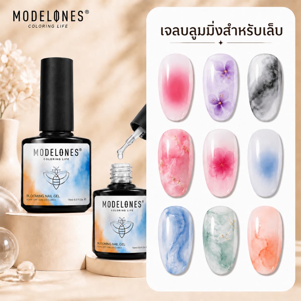 Modelones เจลฟุ้งสีใส Blooming Gel 15ml ทำลายหินอ่อน สีเจลกระจาย UV/LED DIY เบลนสีง่าย ไพรเมอร์ รูปที่ 1