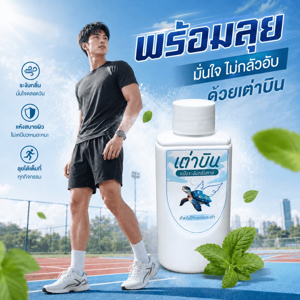แป้งเต่าบิน Sport | เท้า+รักแร้ไม่เหม็น ลดกลิ่นอับ ลดแบคทีเรีย เย็นสดชื่น มั่นใจทุกกิจกรรม 20 กรัม รูปที่ 3