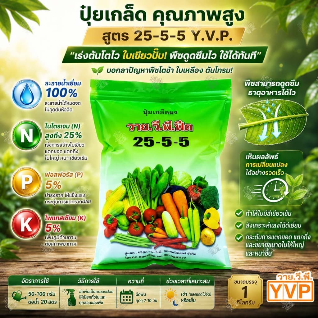 ปุ๋ยเกล็ด *10ถุง* 25-5-5 ยี่ห้อ วาย.วี.พี. ปุ๋ยเขียว เร่งต้น เร่งใบ เขียวทน เขียวนาน ปุ๋ยเกล็ด รูปที่ 1