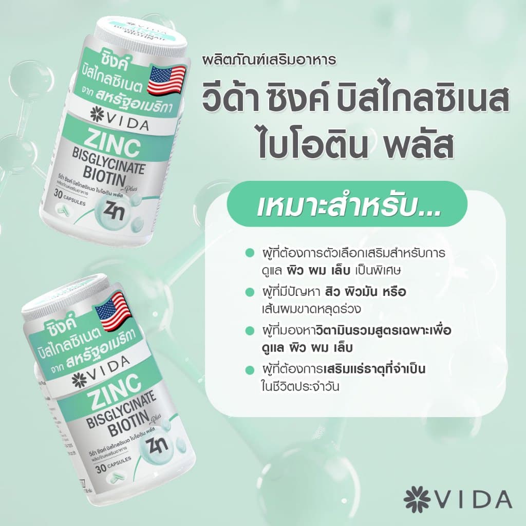 วีด้า ซิงค์ บิสไกลซิเนต อเมริกา สิว ผิว ผม 30 แคปซูล Vida Zinc Bisglycinate 30 Capsules รูปที่ 3
