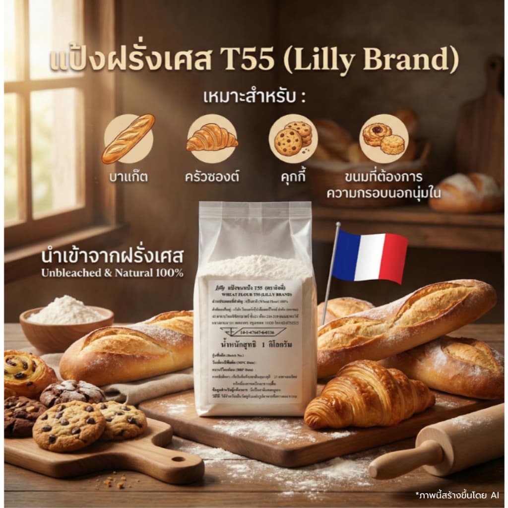 LILLY ลิลลี่ แป้งสาลีฝรั่งเศส T55 1kg | T55 French Wheat Flour รูปที่ 2