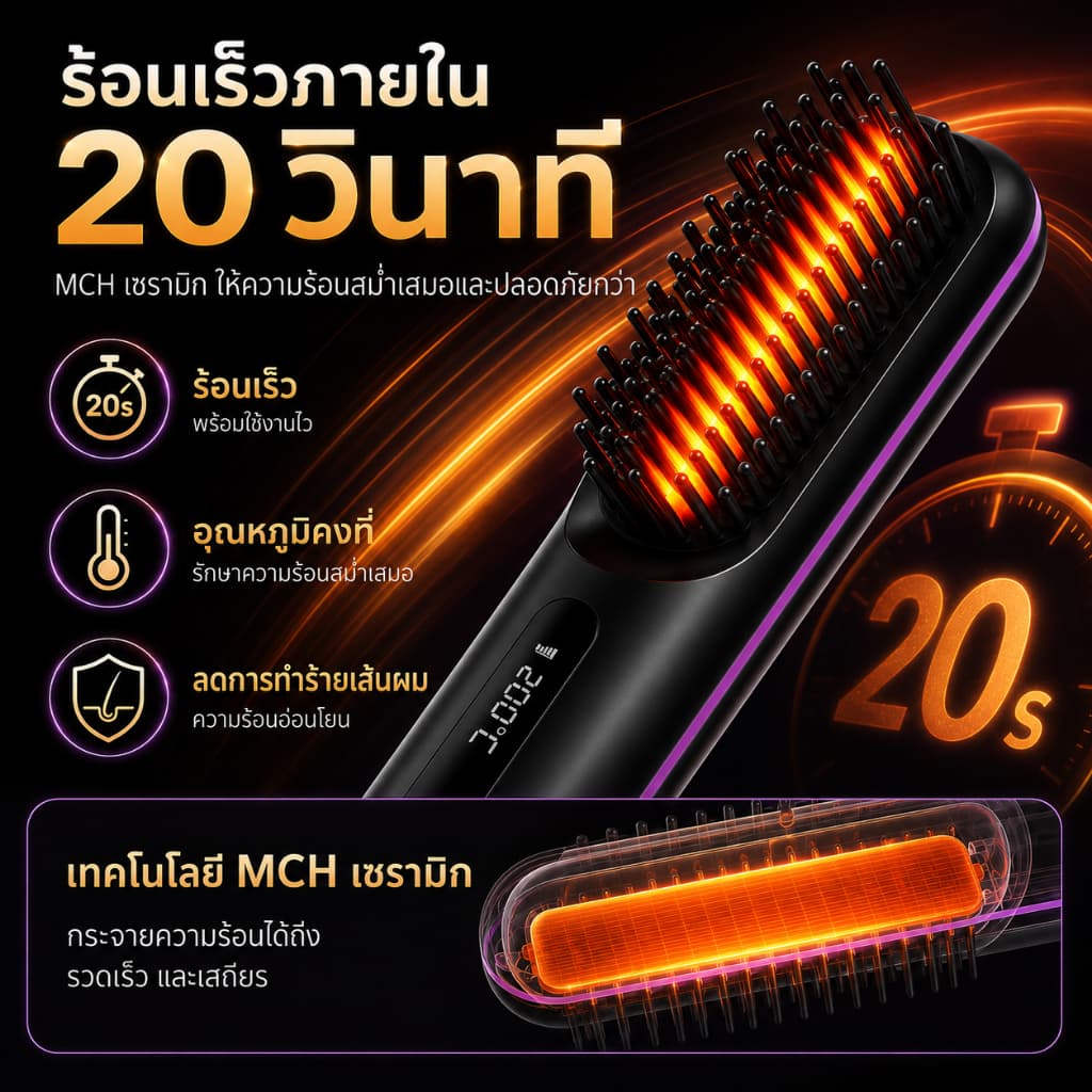 Sorf แปรงหวีผมตรงไร้สาย หวีไฟฟ้าพกพา ร้อนเร็ว 20 วิ ปรับความร้อน 3 ระดับ ไอออนลบ ชาร์จ Type-C สำหรับผมตรง/ม้วนปลาย รูปที่ 3