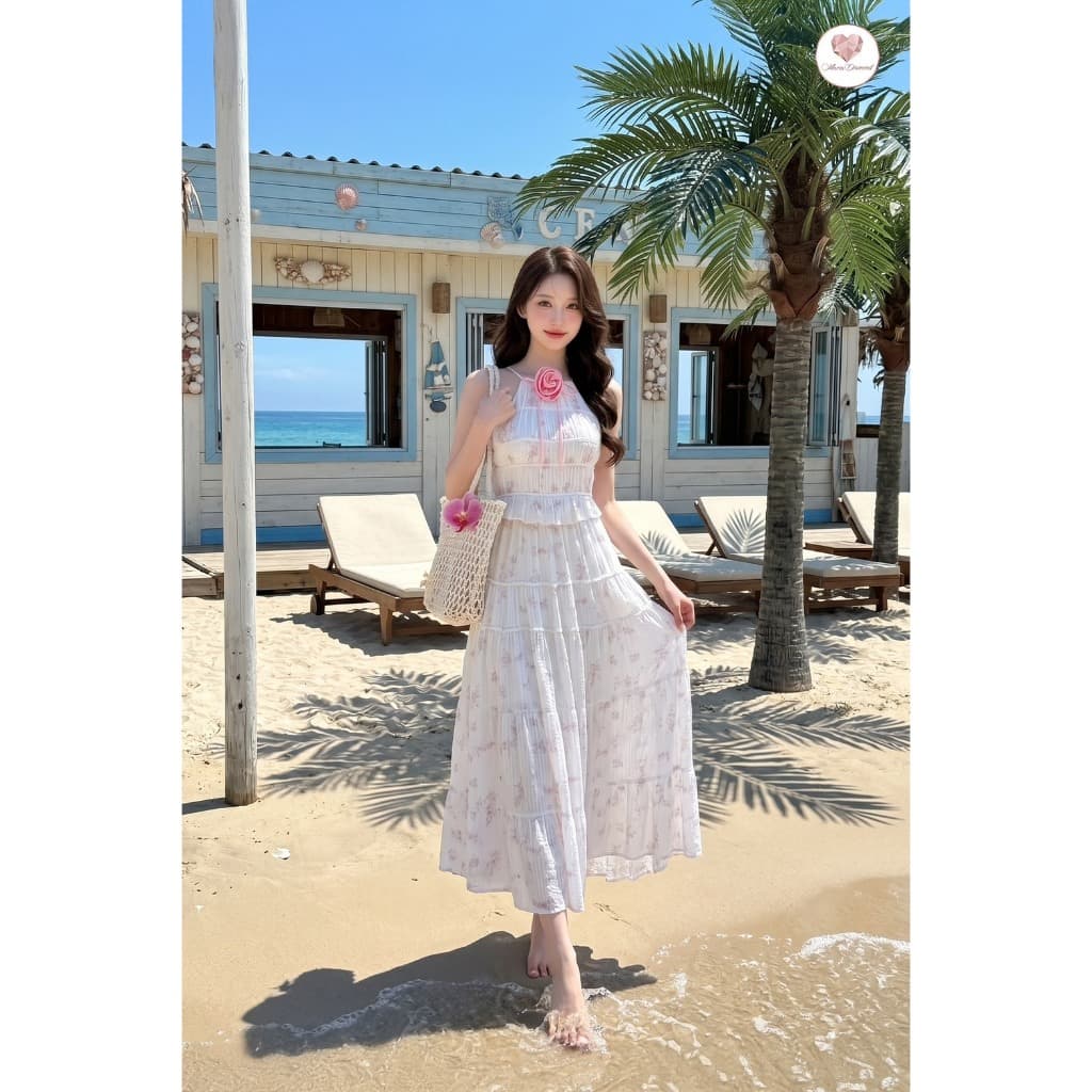 สีขาวชมพู Good Vibes Dress เดรสยาวสายเดี่ยว เข็มกลัดดอกไม้ ผ้าคอตตอนเนื้อนิ่มพิมพ์ลาย สายปรับระดับได้ รูปที่ 5