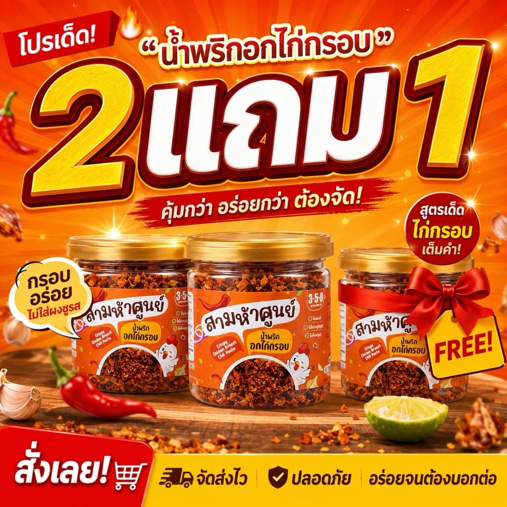 2แถม1 โปร!! น้ำพริกอกไก่กรอบ(กรอบนาน อร่อยนาน ปริมาณ50กรัม ไม่ใส่สารกันเสีย) รูปที่ 1