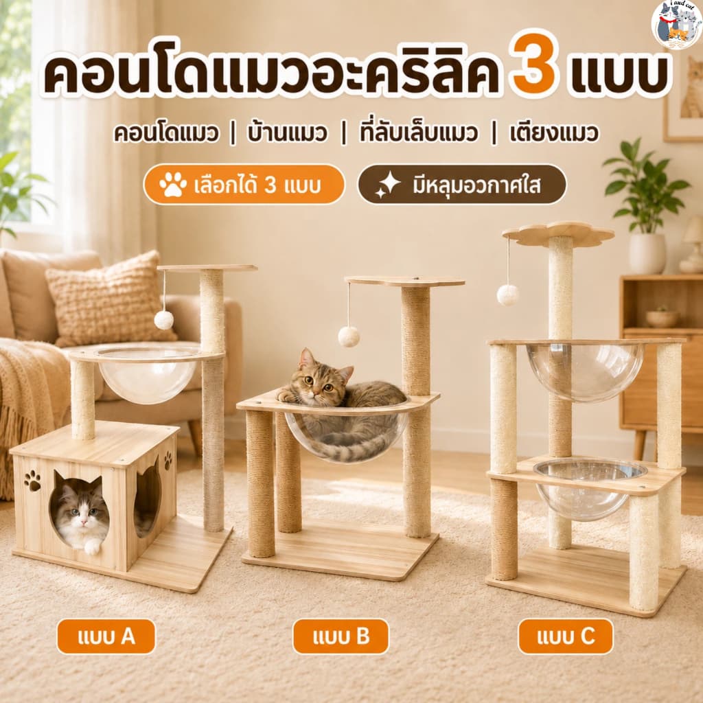 คอนโดแมวไม้ มินิมอล สูง120ซม แคปซูลใส ปีนเล่น ลับเล็บ ที่นอนได้ แถมของเล่น รูปที่ 1