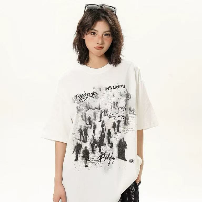 เสื้อยืดคอกลมลายพิมพ์แบรนด์ฮิต สไตล์อเมริกันไฮสตรีท ฤดูร้อน ใส่ได้ทั้งคู่รัก ทรงหลวมแขนสั้นผู้หญิง แต่งตัวแมตช์ง่าย รูปที่ 2