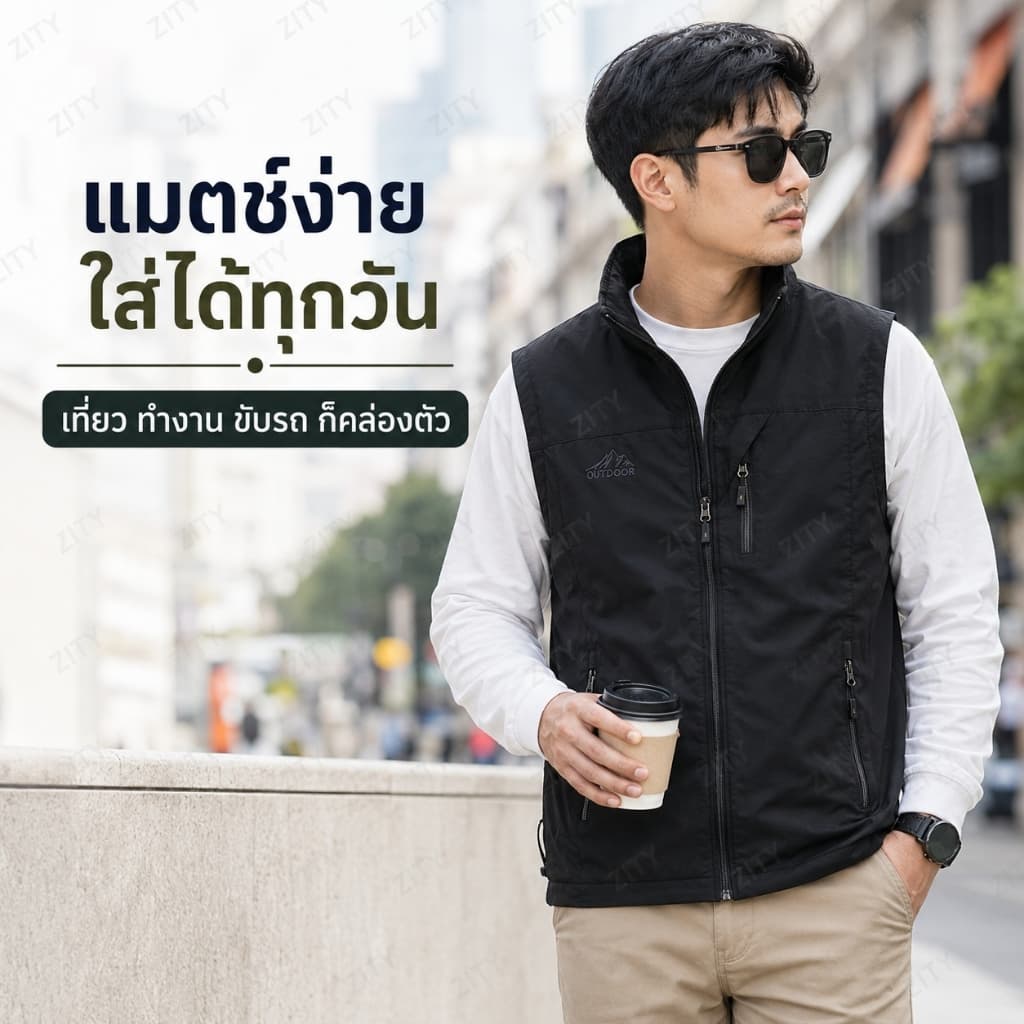 จัดส่งทันทีเสื้อกั๊กแขนกุดสำหรับผู้ชาย กันน้ำใส่สบาย ระบายอากาศ มีกระเป๋า M-5XL รูปที่ 2