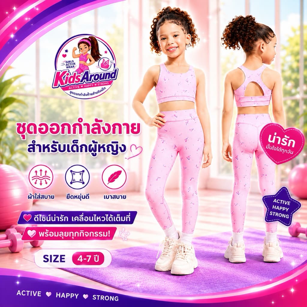 ชุดโยคะ ชุดกีฬา ชุดออกกำลังกาย ชุดกิจกรรม สำหรับเด็กเล็ก อายุ 4-7 ปี สีชมพูลายเชอรี่ เนื้อผ้าอย่างดี รูปที่ 3