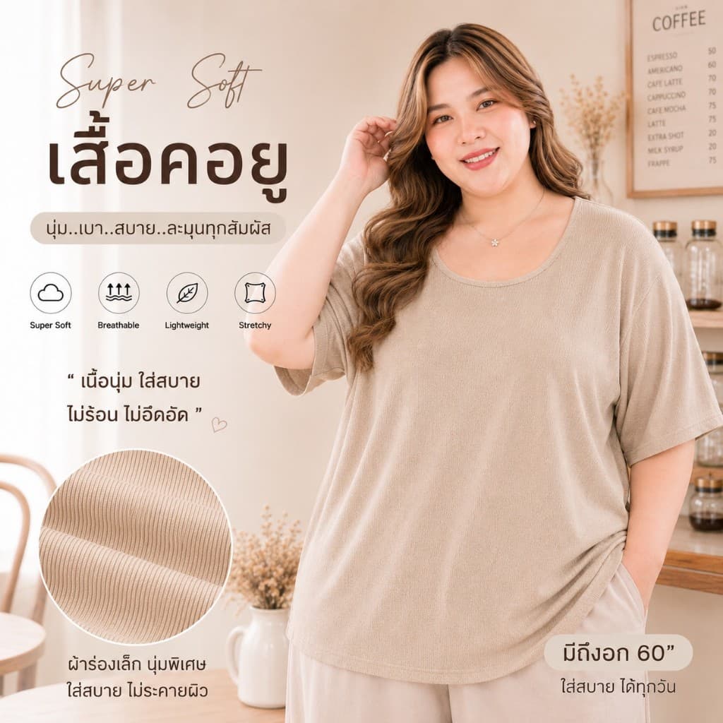เสื้อคอยูผ้าร่องแขนสั้น เสื้อยืดไซส์ใหญ่ สาวอวบ เนื้อนุ่ม ใส่สบาย มี 3 ไซส์ ทั้งอวบเล็ก อวบใหญ่ A034/A035 รูปที่ 5
