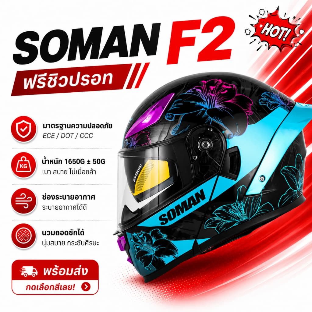 SOMAN F2 หมวกกันน็อคเต็มใบ เปิดคางได้ ดีไซน์สปอร์ต มีตัวเลือกหมวกเปล่า/พร้อมชิวปรอท รูปที่ 1