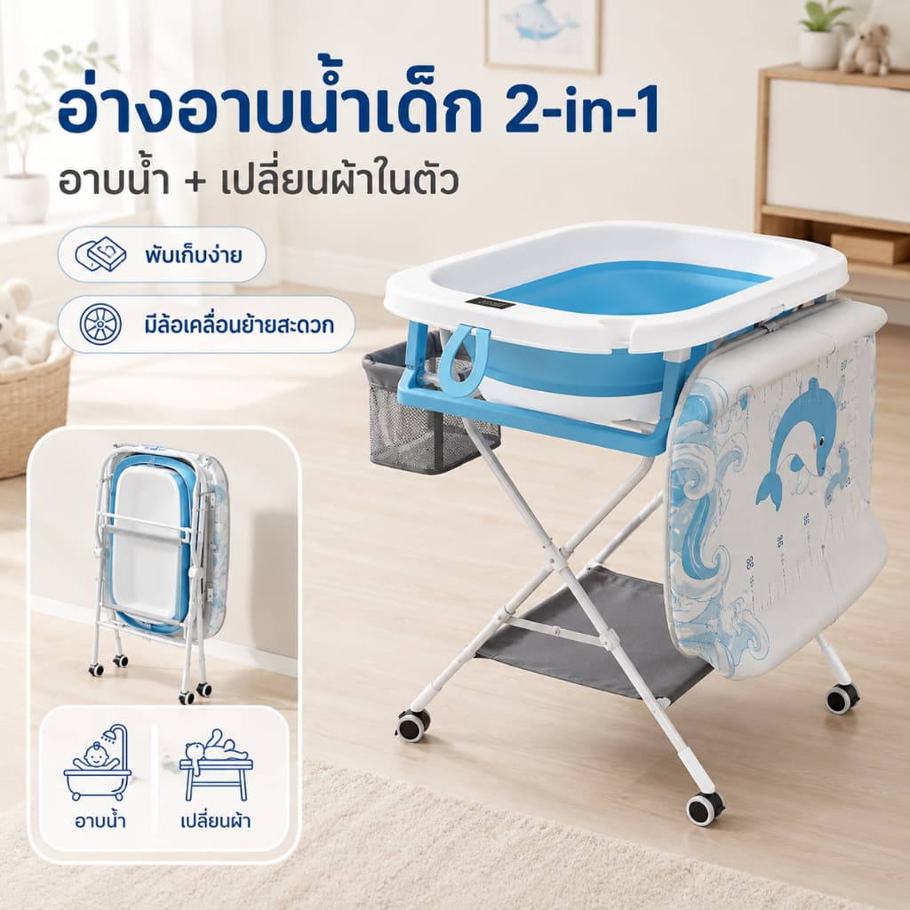 ชุดอ่างอาบน้ำเด็กแบบยืน พร้อมขาตั้งและเบาะเปลี่ยนผ้าอ้อม พับเก็บเรียบ ใช้พื้นที่น้อย มีล้อเลื่อน รูปที่ 3