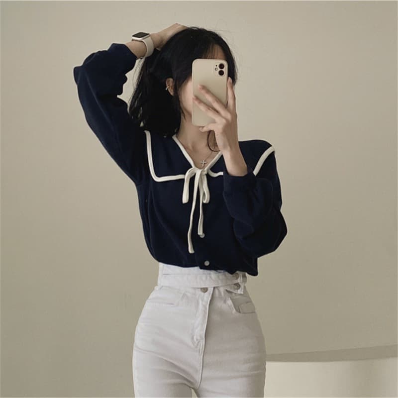 เสื้อเชิ้ตแขนยาวคอปกผูกโบว์น่ารัก Chiffon dolly top relaxed ดีไซน์โบว์ สไตล์เกาหลีญี่ปุ่น รูปที่ 8