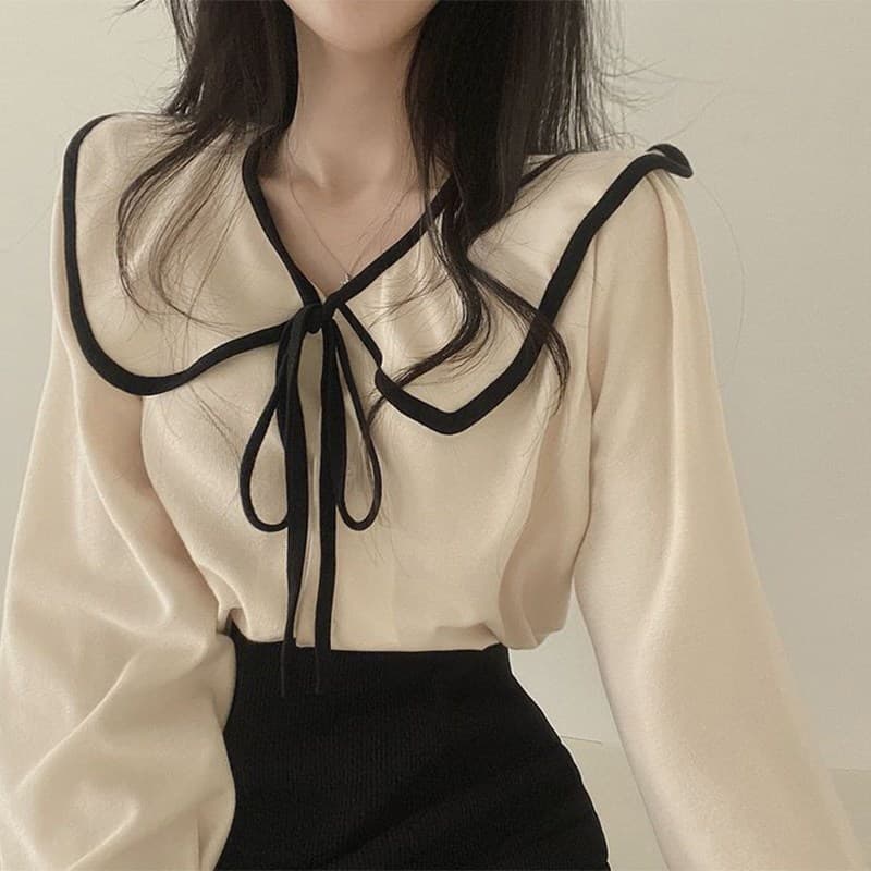 เสื้อเชิ้ตแขนยาวคอปกผูกโบว์น่ารัก Chiffon dolly top relaxed ดีไซน์โบว์ สไตล์เกาหลีญี่ปุ่น รูปที่ 3