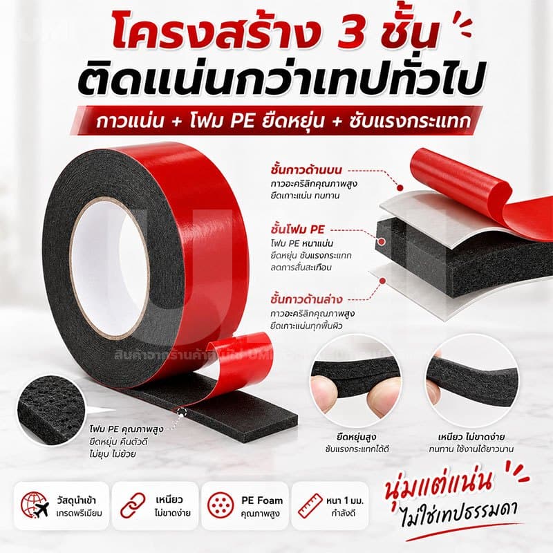 เทปโฟม เทปกาวสองหน้า ยาว10เมตร ไร้รอย ไม่ทิ้งคราบกาว ใช้ติดผนัง รถยนต์ กระจก กระเบื้อง กันน้ำ แรงยึดสูง รูปที่ 3