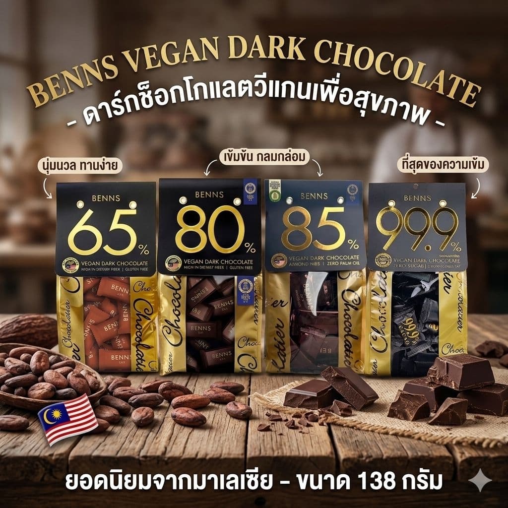 Benns Vegan Dark Chocolate 99.9%, 85%, 80% ,65% ดาร์กช็อกโกแลตแท้ คุณภาพสูง นำเข้ามาเลเซีย รูปที่ 5