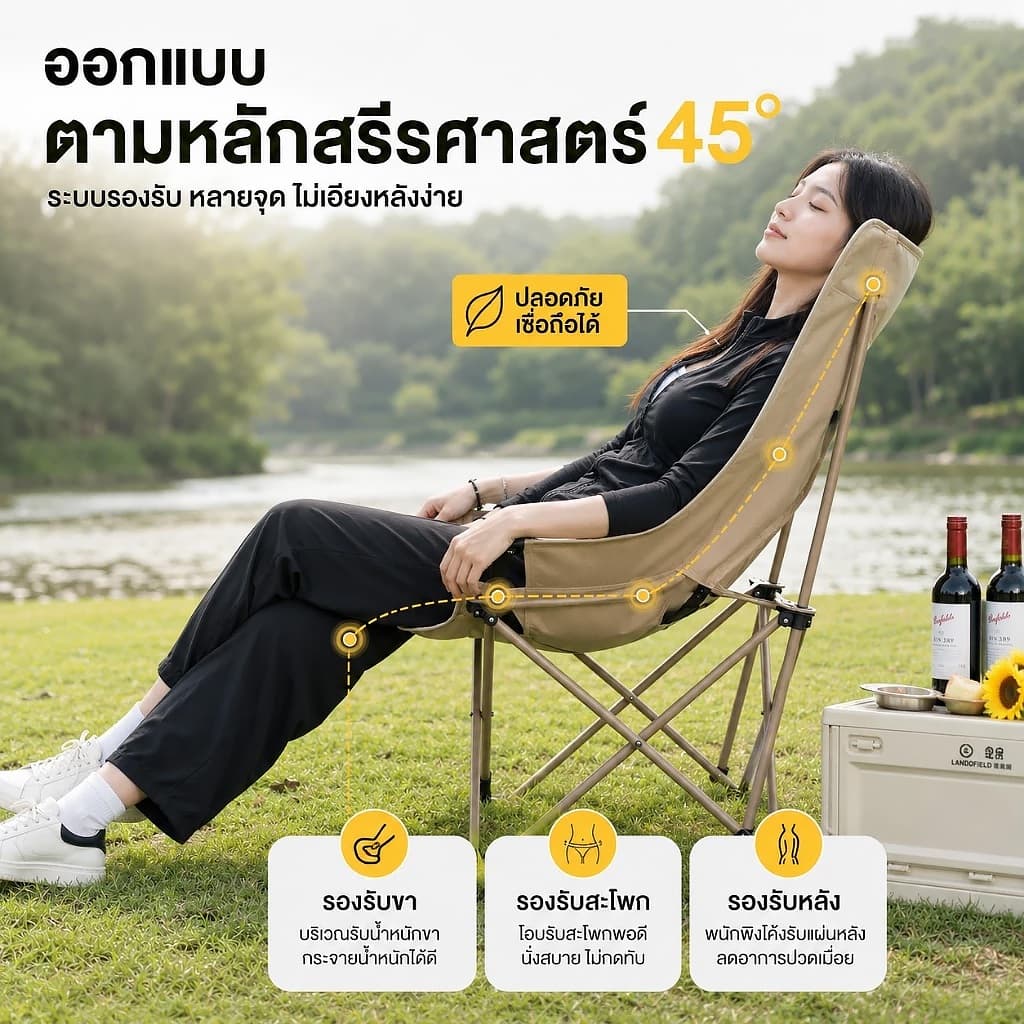 เก้าอี้แคมป์ปิ้ง พนักพิงสูง เก้าอี้สนาม พับได้ แบบพกพา ปิคนิค แถมถุงเก็บ รับน้ำหนัก 300KG รูปที่ 5