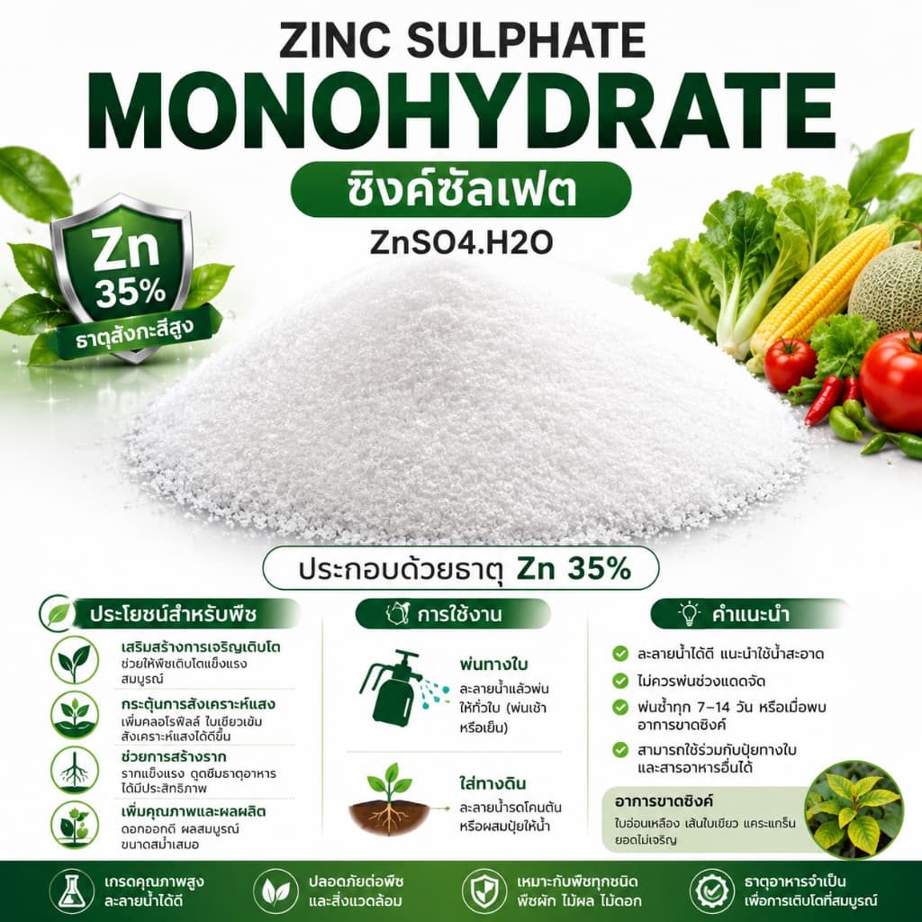 ซิงค์ซัลเฟต Zn 35% ZnSO4.H2O สังกะสีซัลเฟต Zinc Sulphate monohydrate ผง บรรจุ 1 กิโลกรัม. รูปที่ 2