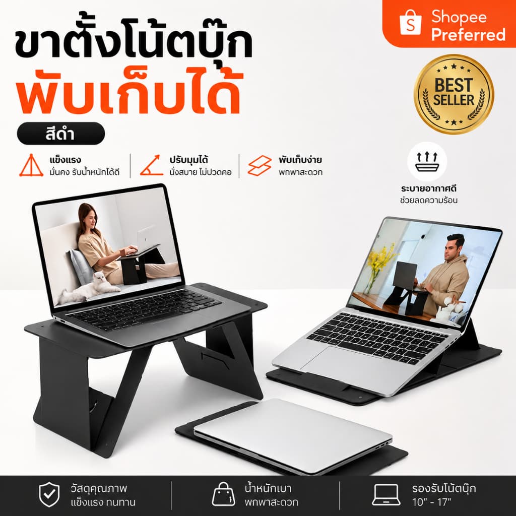 6-in-1 ขาตั้งแล็ปท็อป คอมพิวเตอร์ แบบพับได้ รองรับโต๊ะแล็ปท็อป โต๊ะเคลื่อนที่พับได้ขนาดเล็ก ติดตั้งง่ายประหยัดพื้นที่ รูปที่ 1