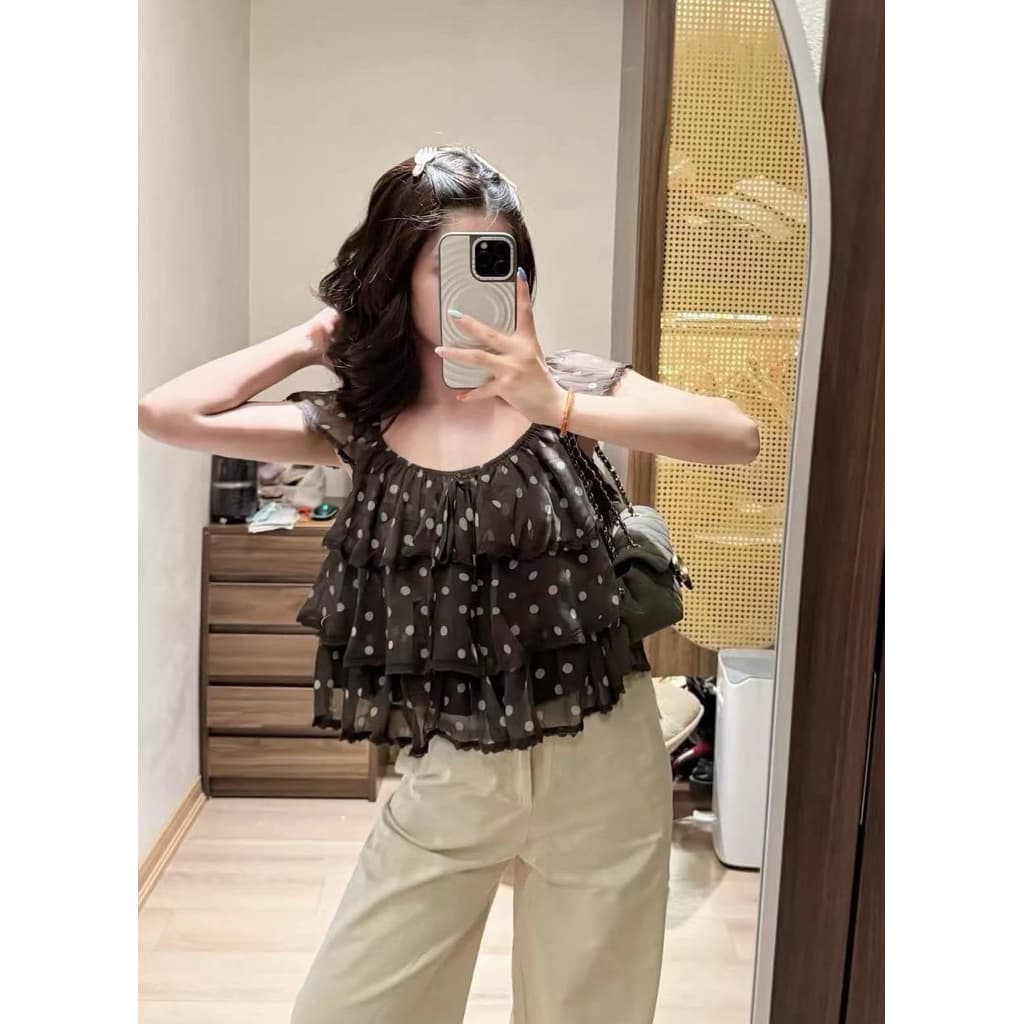 เสื้อชีฟองเกาหลี เแต่งระบายชั้นๆชายลูกไม้ รูปที่ 2