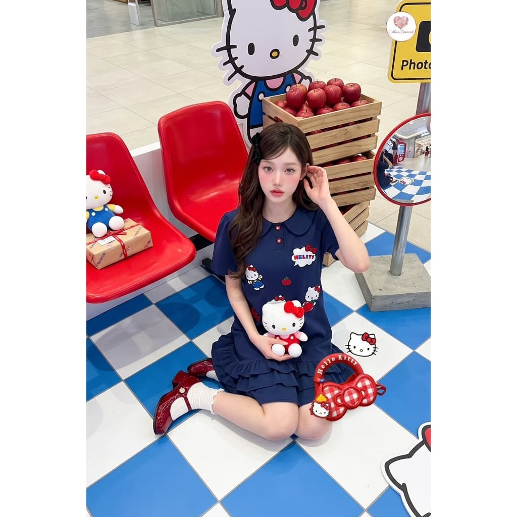 Maria Diamond สีกรม Kitty Station Dress เดรสผ้าคอตตอนโปโลสีกรม งานปักคิตตี้ทั้งชุด กระดุมหน้าสวมหัว รูปที่ 4