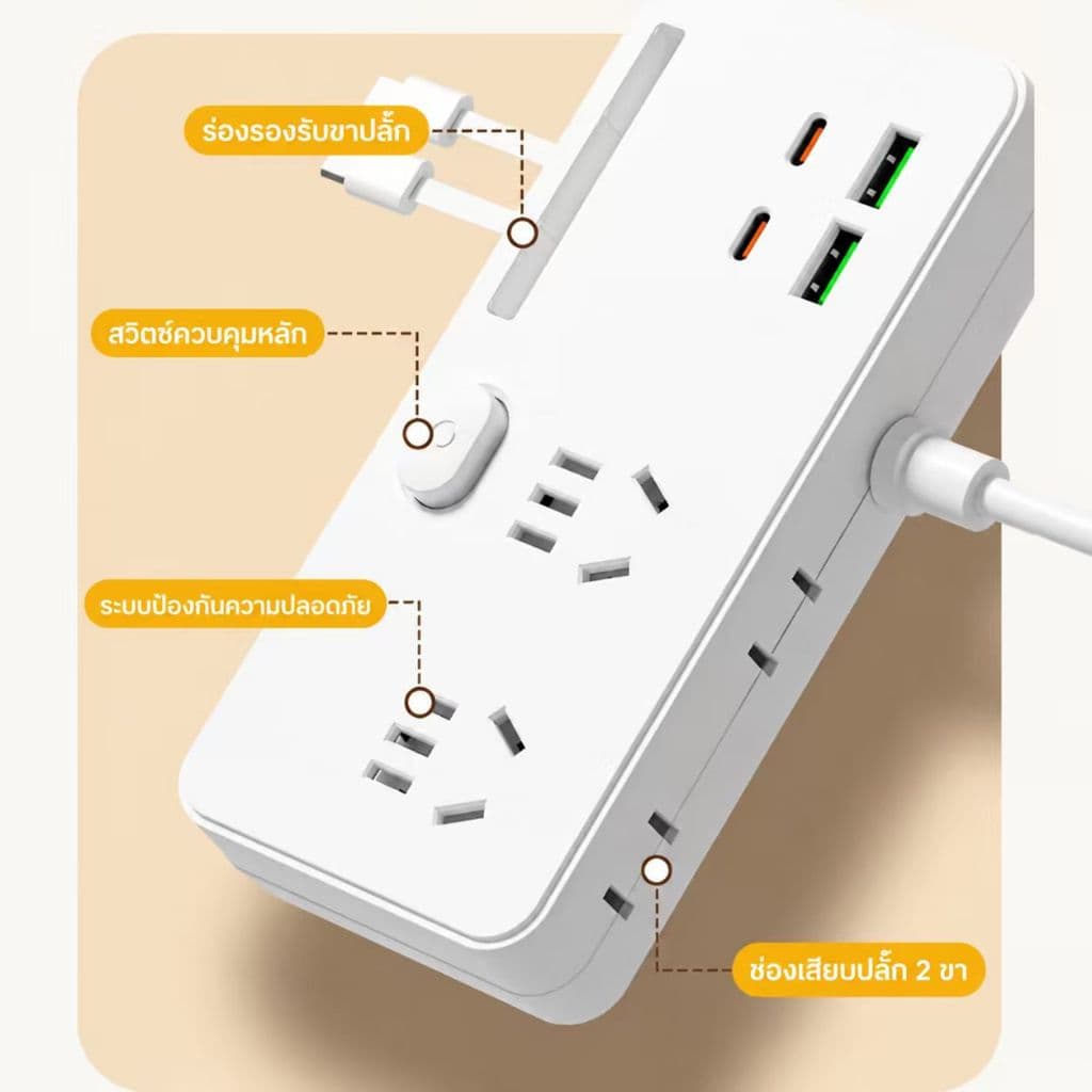 ปลั๊กไฟ 7 กำลังไฟ 2300W ปลั๊กพ่วง ปลั๊กไฟ 2 usb 2Type c ปลั๊กชาร์จ สายยาว 3 เมตร 2.1Mเมตร พร้อมขาตั้ง+IP Type cสายข้อมูล รูปที่ 4