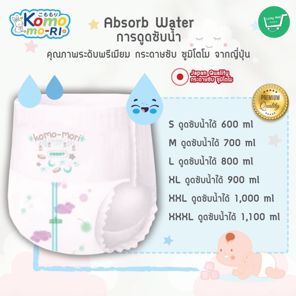 Komo-mori Premium กางเกงผ้าอ้อมเด็ก แพมเพิสเด็ก Day&Night Pants มีไซส์ S-3XL รูปที่ 7