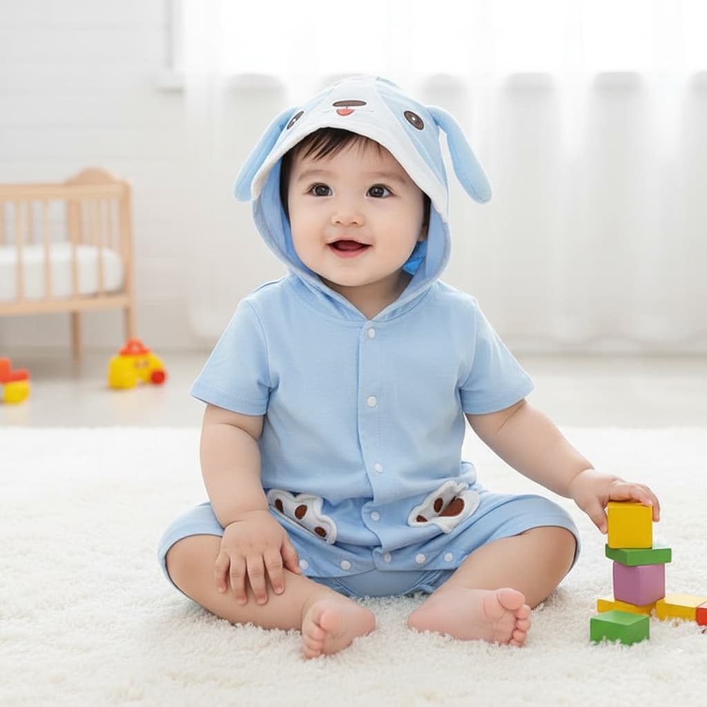 Babyonline 2H3-4 ชุดบอดี้สูทสำหรับเด็กมีฮู้ดรูปสัตว์มีกระดุมหน้า ผ้าฝ้าย นิ่ม ใส่สบาย แนะนำอายุ 0-1 ปี รูปที่ 5