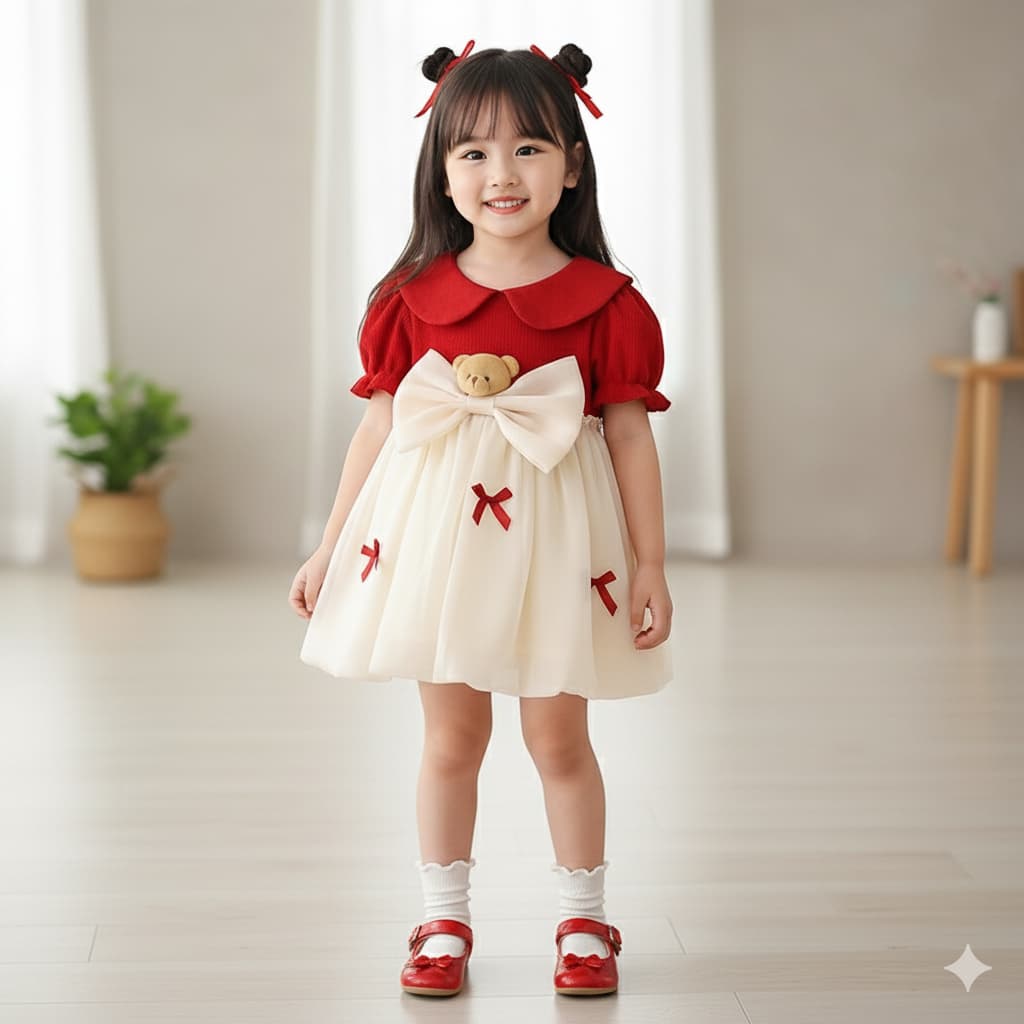 Babyonline A4 ชุดเดรสกระโปรงแฟชั่นทรงบอลลูนแต่งหัวหมีสุดน่ารักผ้าไหมแก้ว นุ่มลื่น ซับในผ้าฝ้าย รูปที่ 2