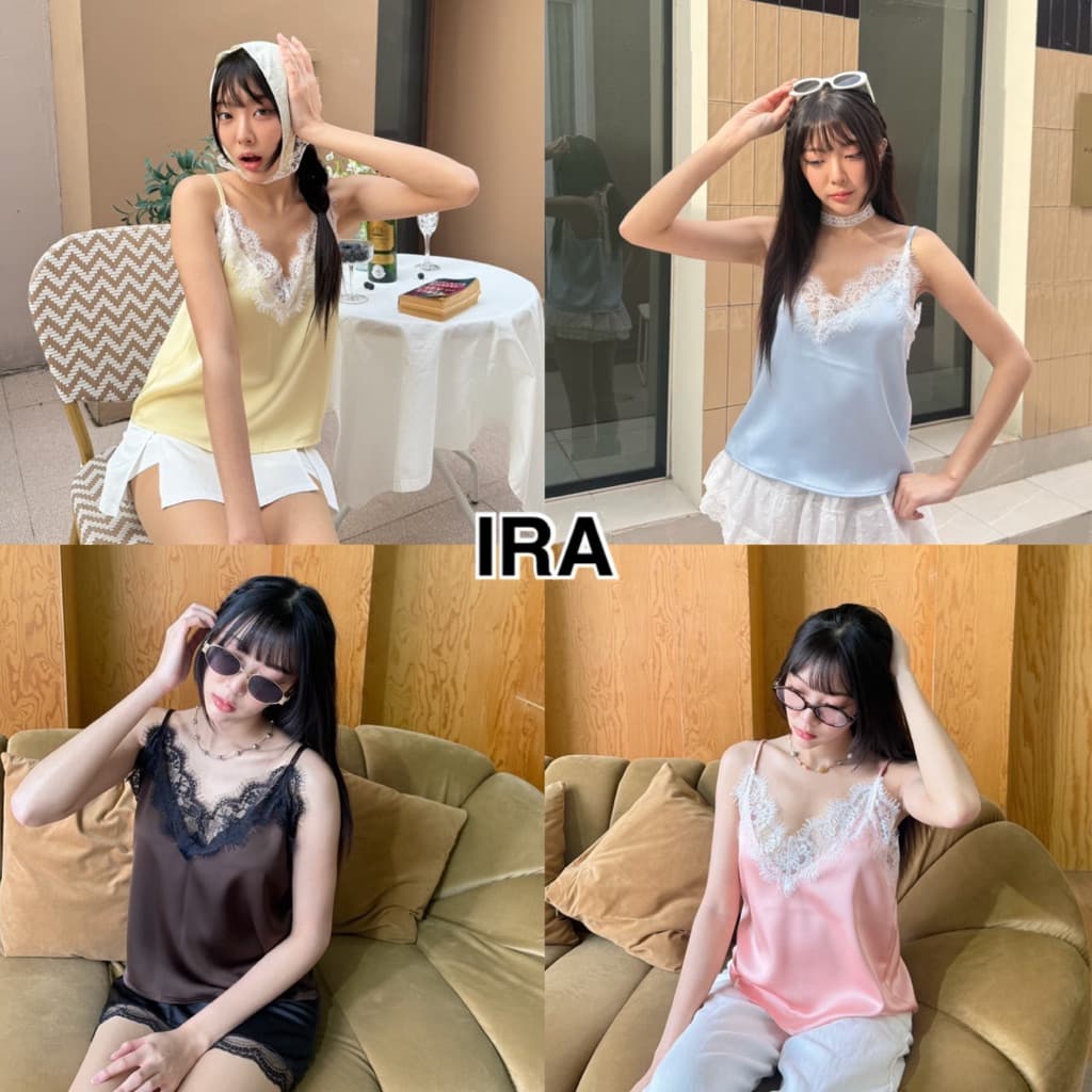 BY IRA Harmony top เสื้อสายเดี่ยวผู้หญิง สีพื้น แต่งลูกไม้ เสื้องานผ้าซาติน งานคอวี รูปที่ 1