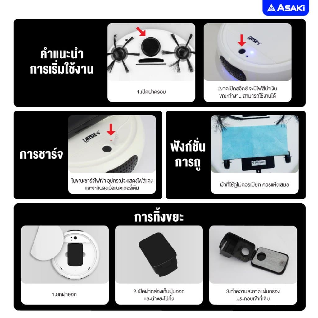 Asaki Robot vacuum cleaner หุ่นยนต์ดูดฝุ่นอัจฉริยะ 2in1 กวาดและดูด รุ่น AK-RV9100 - ประกัน 3 เดือน รูปที่ 6