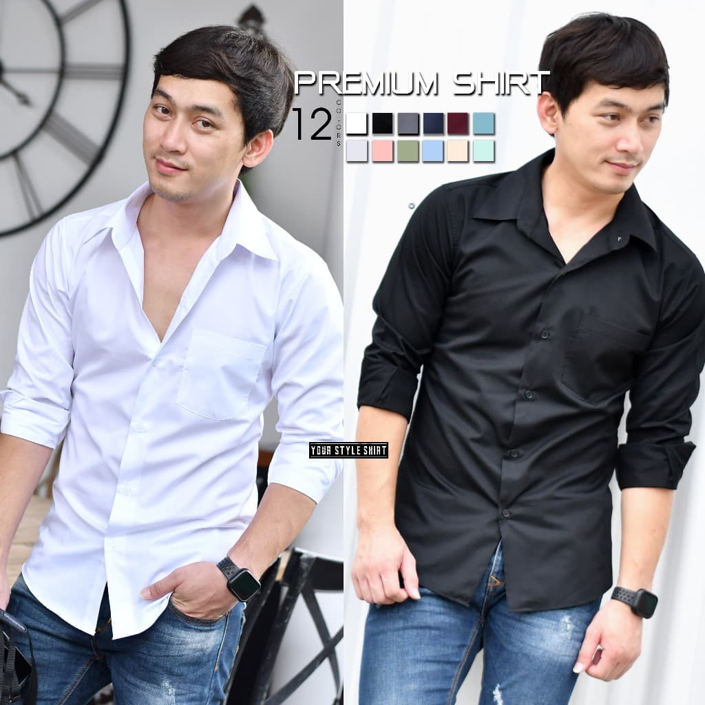 เสื้อเชิ้ต แขนยาว สำหรับผู้ชาย ทรงเข้ารูป ผลิตจากผ้า Comb Twill เสื้อเชิ้ตแขนยาว เสื้อผู้ชาย เสื้อสีดำ รูปที่ 1