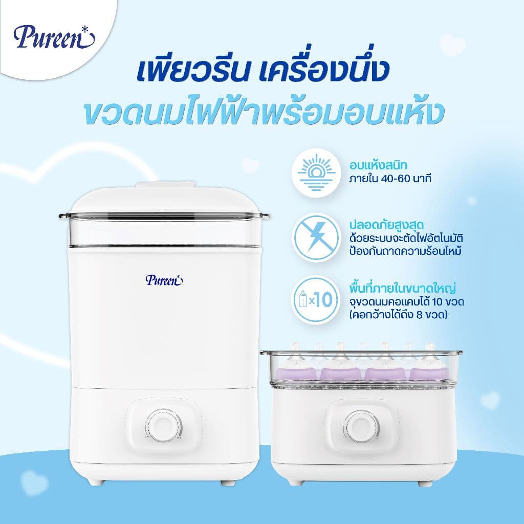 Pureen เพียวรีน เครื่องนึ่งขวดนม ฆ่าเชื้อพร้อมอบแห้ง สีขาว ใช้งานง่าย ประหยัดเวลา รูปที่ 3