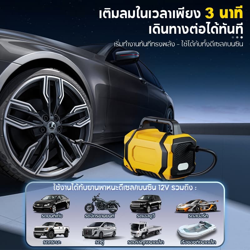 Celoglo ปีปั้มลมแบบพกพา เครื่องชาร์จแบตเตอรี่รถยนต์ ชาร์จไฟได้ จอLED 80W/12V รถพลังงานฉุกเฉินเริ่มต้นปั๊มลม ปั๊มลมไฟฟ้า รูปที่ 4