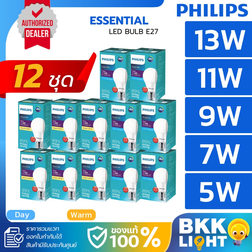 หลอดไฟ LED Philips 5w 7w 9w 11w 13w รุ่น Essential กล่องเขียว ขั้ว E27 ลงลัง รูปที่ 1