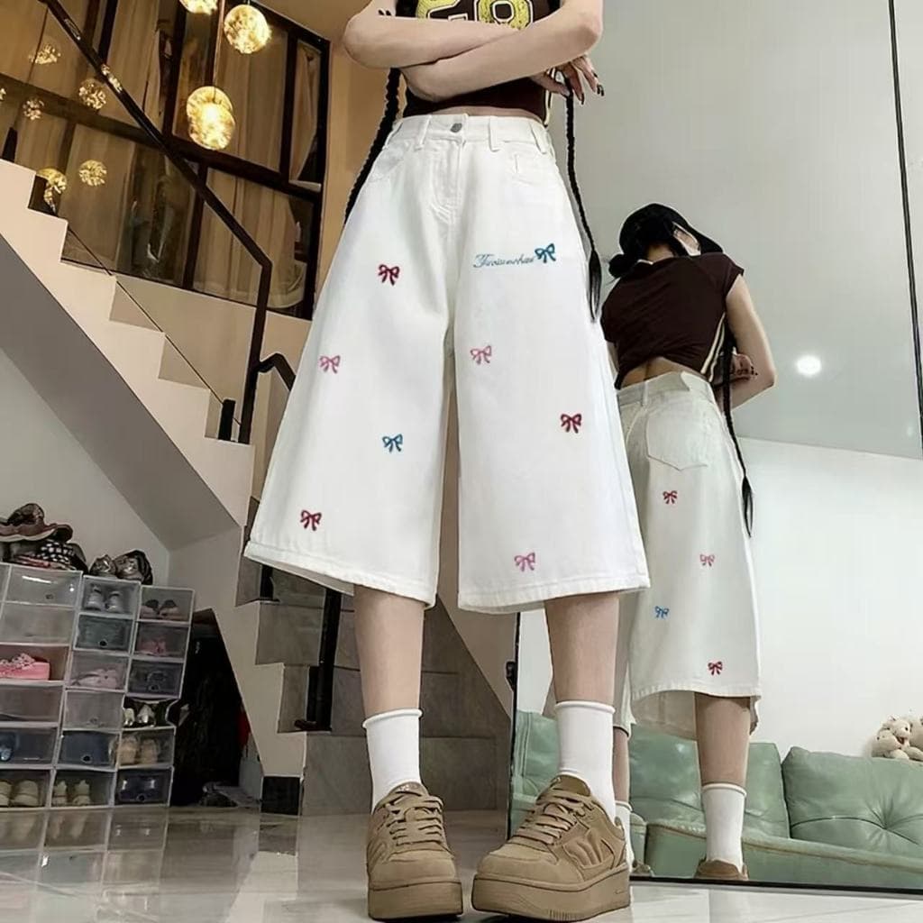 S-10XL กางเกง 7 ส่วน ปักโบว์สุดน่ารัก ผ้านิ่มใส่สบายระบายอากาศได้ดี รูปที่ 1