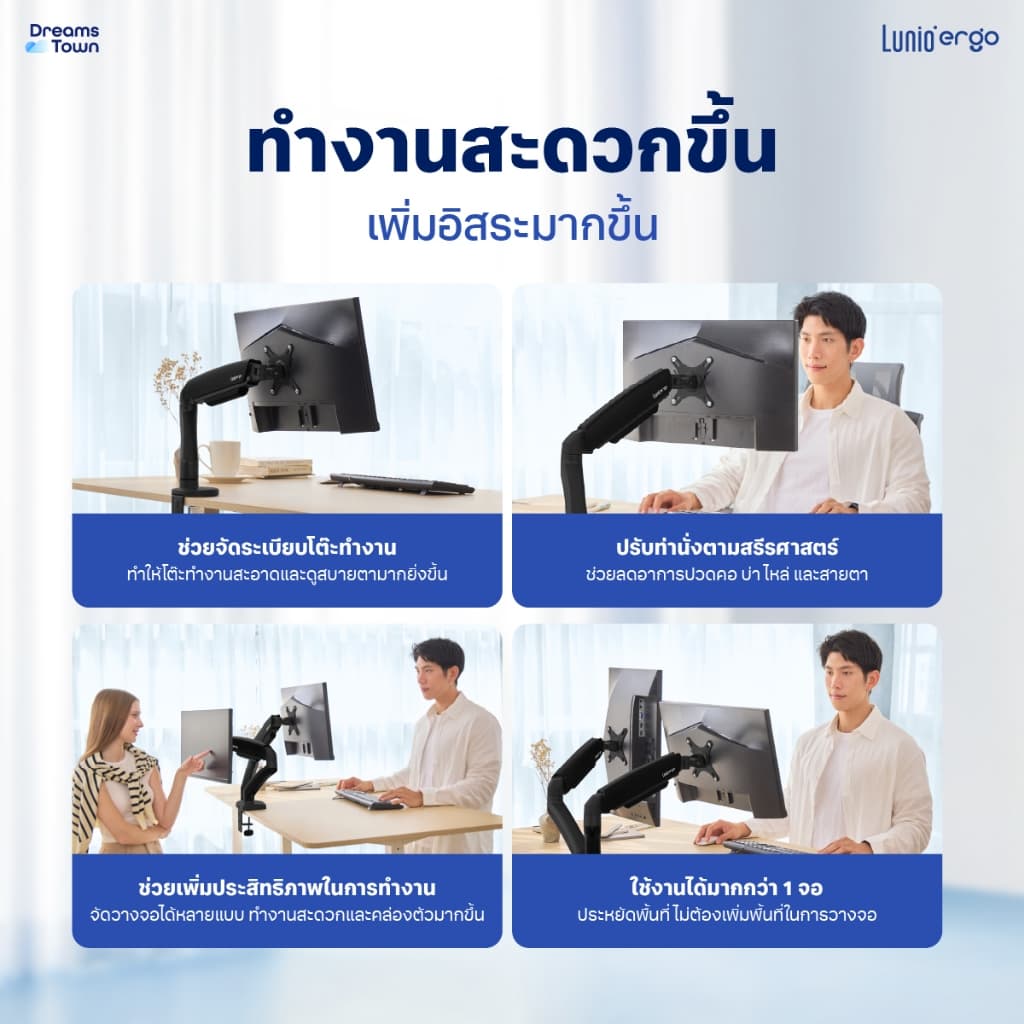 Lunio Ergo Cybot Monitor Arm แขนจับจอ ขาตั้งจอ หมุนได้360° ช่วยปรับท่านั่ง ลดอาการปวดคอบ่าไหล่ เพิ่มจำนวนจอคอม รูปที่ 7