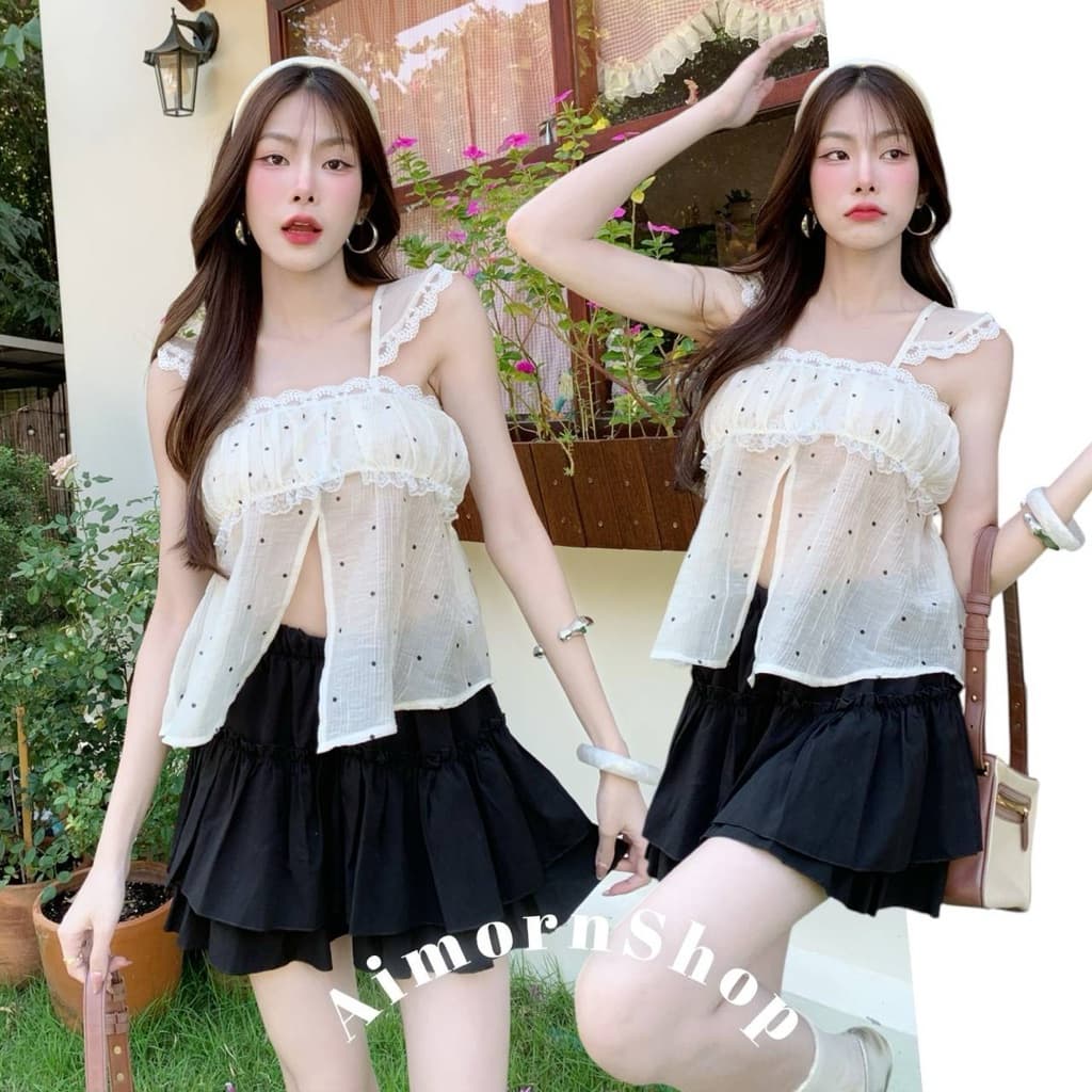 aimorn_shopเสื้อสายเดี่ยว ลายจุด ผ้าบาง ขอบติดลูกไม้น่ารักๆ ด้านหน้าแหวกเพิ่มความเซ็กซี่ งานใส่สบาย รูปที่ 6