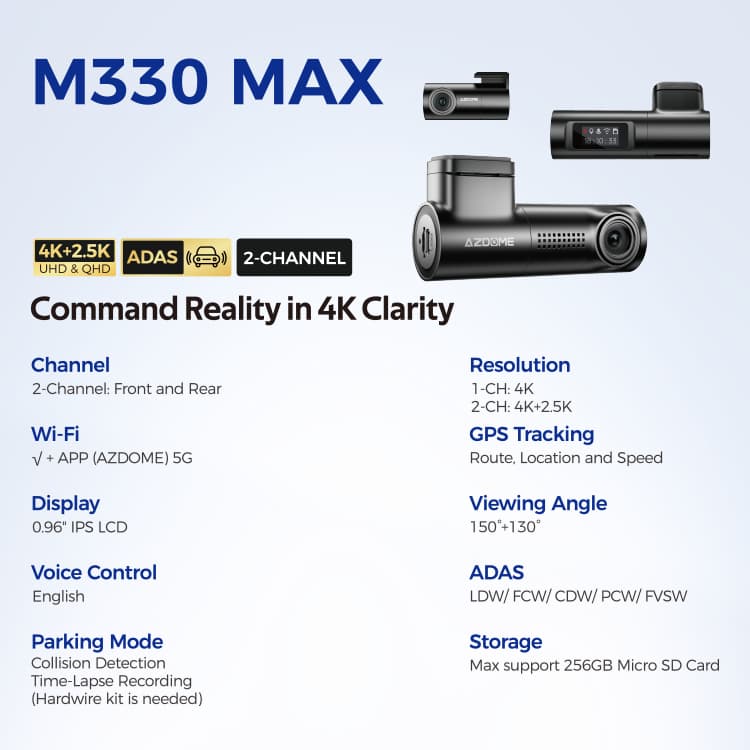 *ติดตั้งฟรี* AZDOME M330 MAX กล้องติดรถ 4K 2.5K Full HD WIFI GPS ADAS ทนร้อนสูง Capacitor รับประกัน 1 ปี รูปที่ 3