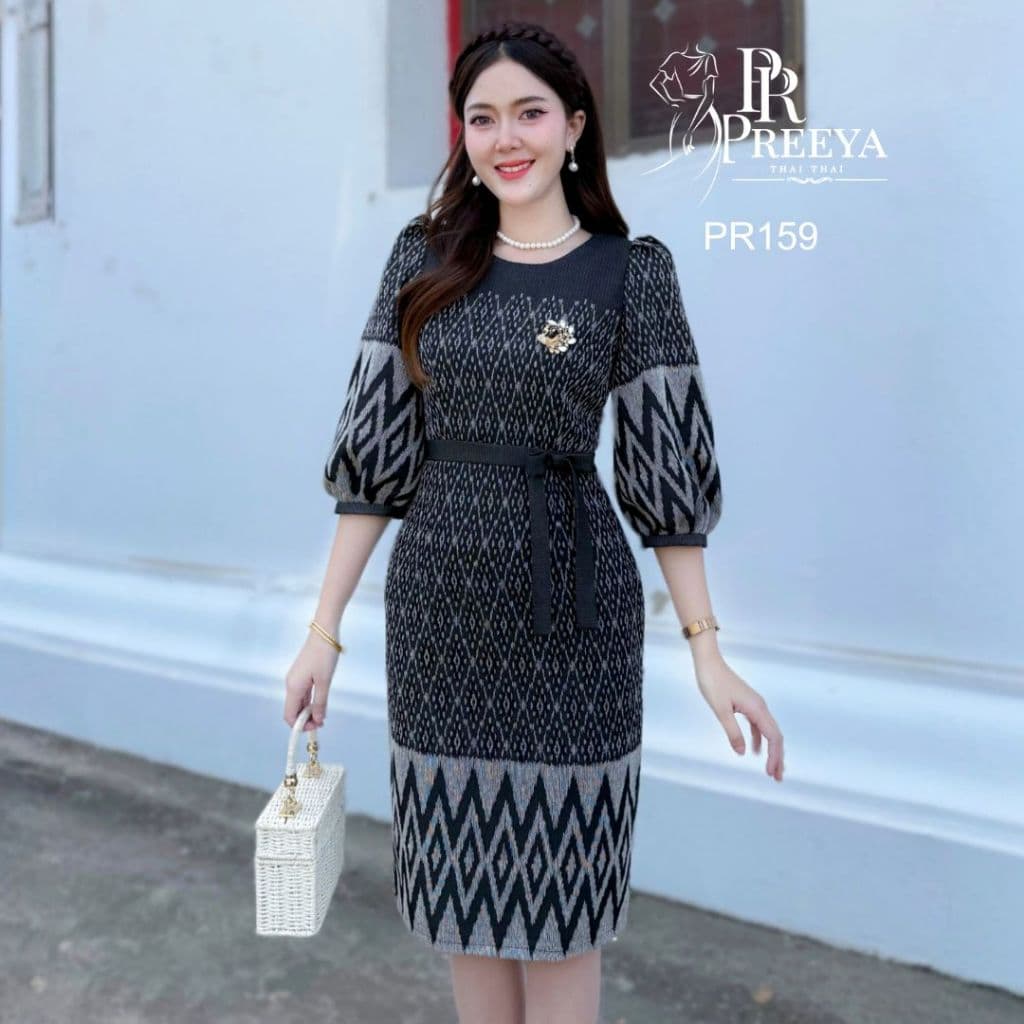PR159 เดรสผ้าฝ้ายทอลาย ยกแขน อัดกาวทั้งชุด แบรนด์ preeya มีไซส์S-2XL ชุดไทย ชุดผ้าไทย รูปที่ 4