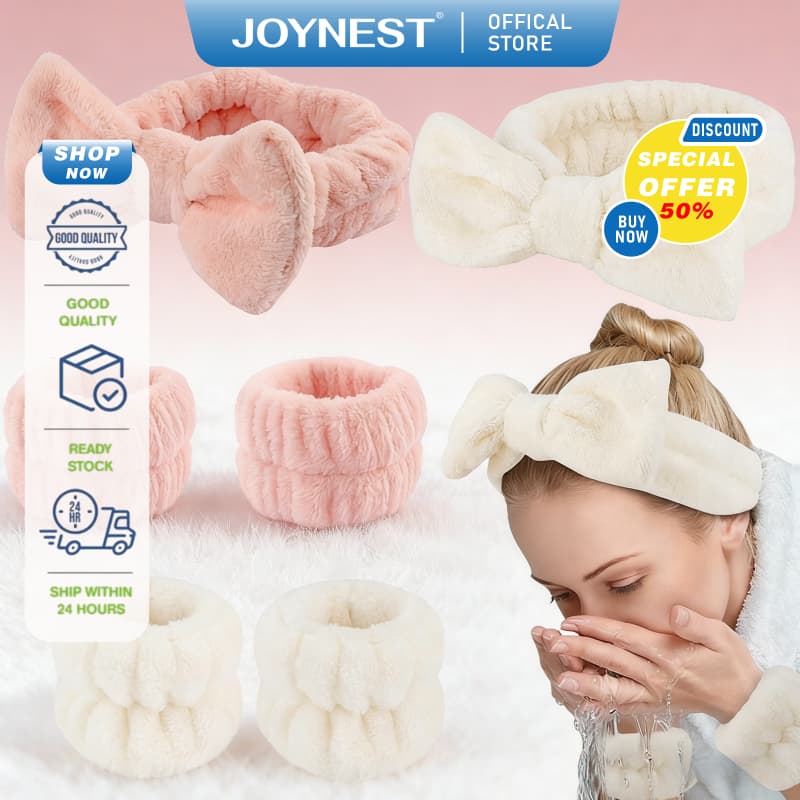 JOYNEST เซ็ต 2 ชิ้น ที่คาดผม ผ้าสะบัดน้ำ เนื้อผ้าสักหลาดปะการังนุ่มสบายผิว ยืดหดได้ ดีไซน์น่ารักเรียบง่าย รูปที่ 1