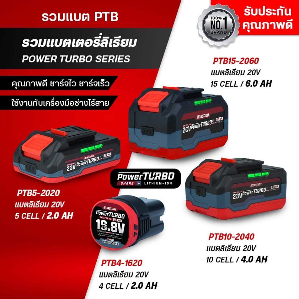 MASARU แบตเสริม PTB15-2060/PTB10-2040/PTB5-2020/PTB4-1620 POWER TURBO อุปกรณ์ไร้สาย แบต สว่าน รูปที่ 1