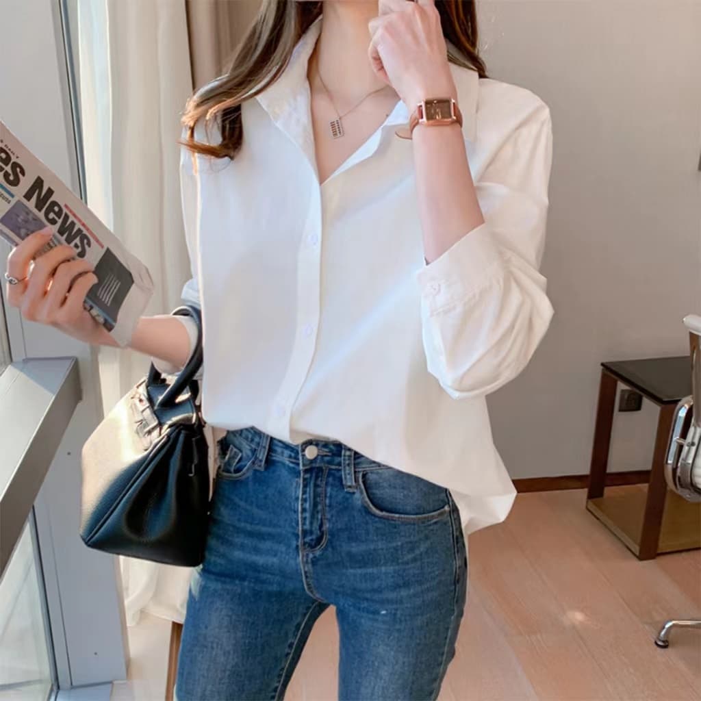ผู้หญิง สีทึบแขนยาวเสื้อเชิ้ต สไตล์เกาหลี ทรงหลวม พื้นฐาน เรียบง่าย เสื้อ รูปที่ 7