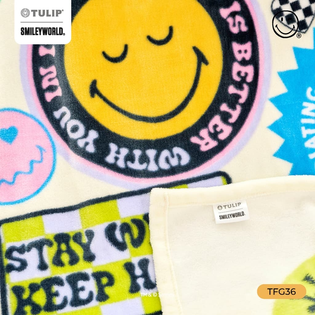 TULIP Fleece SmileyWorld ผ้าห่มขนแกะเทียม TFG36 สไมลีย์เวิลด์ ลิขสิทธิ์แท้ ผ้าห่มฟลีซ หนานุ่ม Smiley World รูปที่ 4