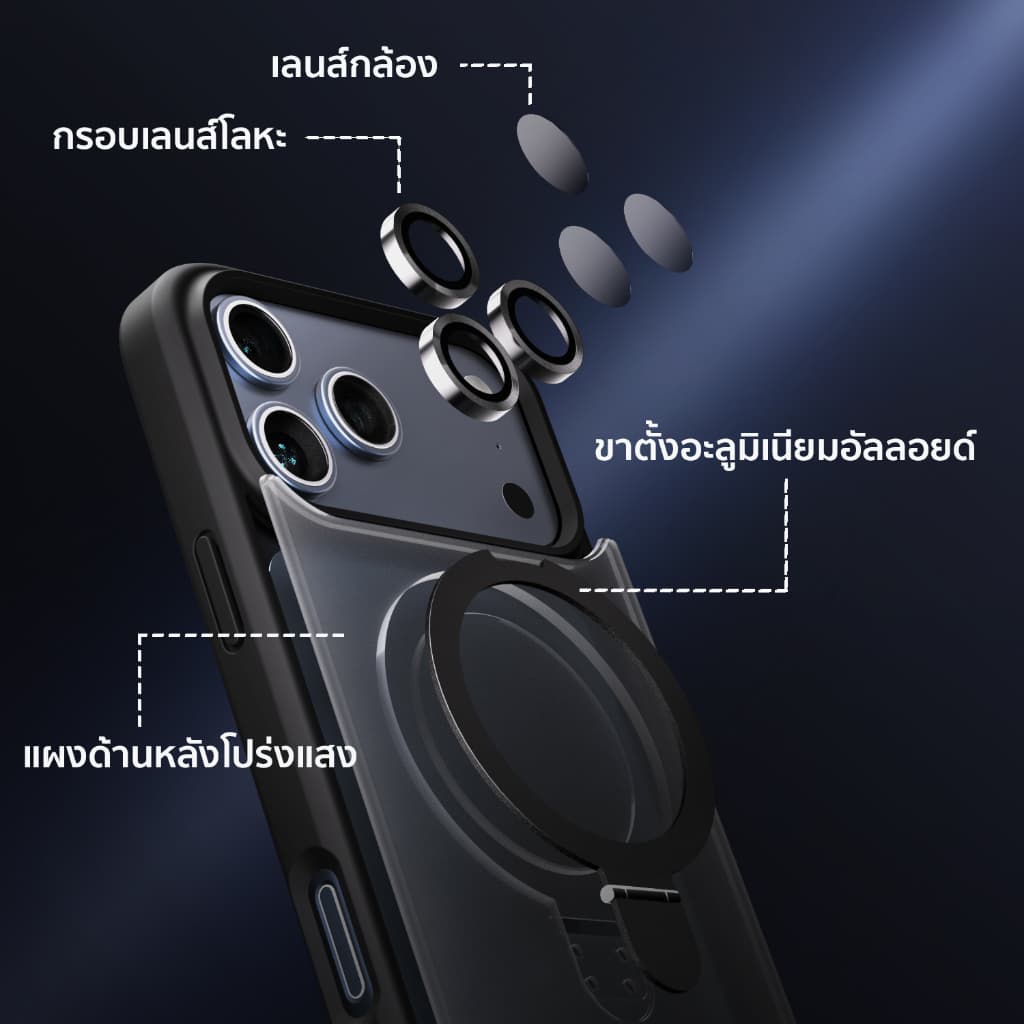 A&M มีขาตั้งในตัว เมี๊ยนเลนส์แถมฟรี เคสไอโฟน 17 Pro max PC เคส for iPhone 16 15 14 13 pro case การชาร์จไร้สายพื้นผิวด้าน รูปที่ 2