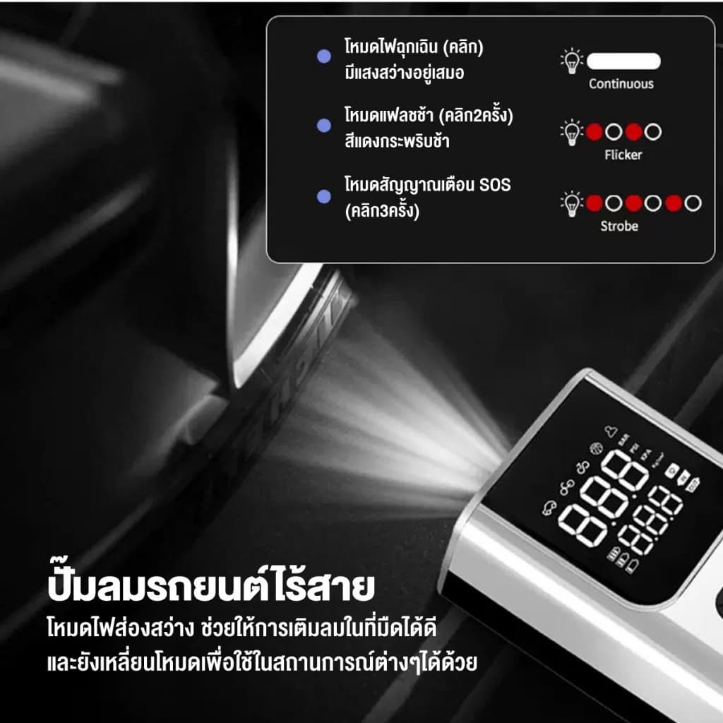 ปั๊มลมพกพา ไร้สาย อัตโนมัติ 150PSI แบต 6000mAh จอLED มีไฟฉาย เติมลมรถ มอไซค์ บอล วัดความดันแม่นยำ รูปที่ 7