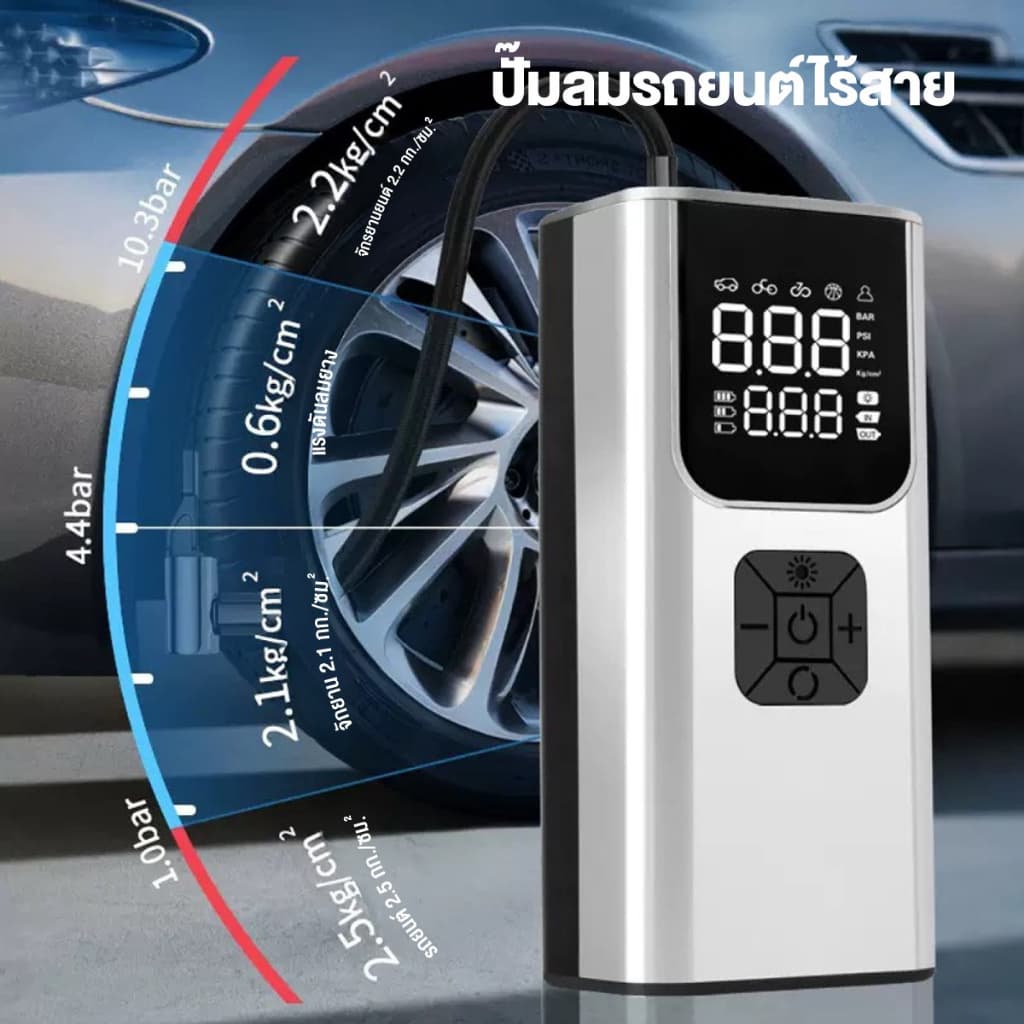ปั๊มลมพกพา ไร้สาย อัตโนมัติ 150PSI แบต 6000mAh จอLED มีไฟฉาย เติมลมรถ มอไซค์ บอล วัดความดันแม่นยำ รูปที่ 3