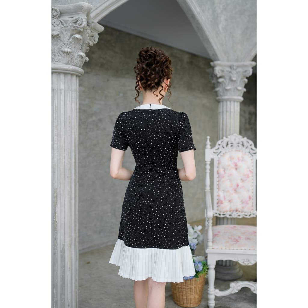ZA286เดรสคอกลมลายหัวใจแต่งกระดุมดอกไม้ปลายพลีท มีกระเป๋า รูปที่ 5