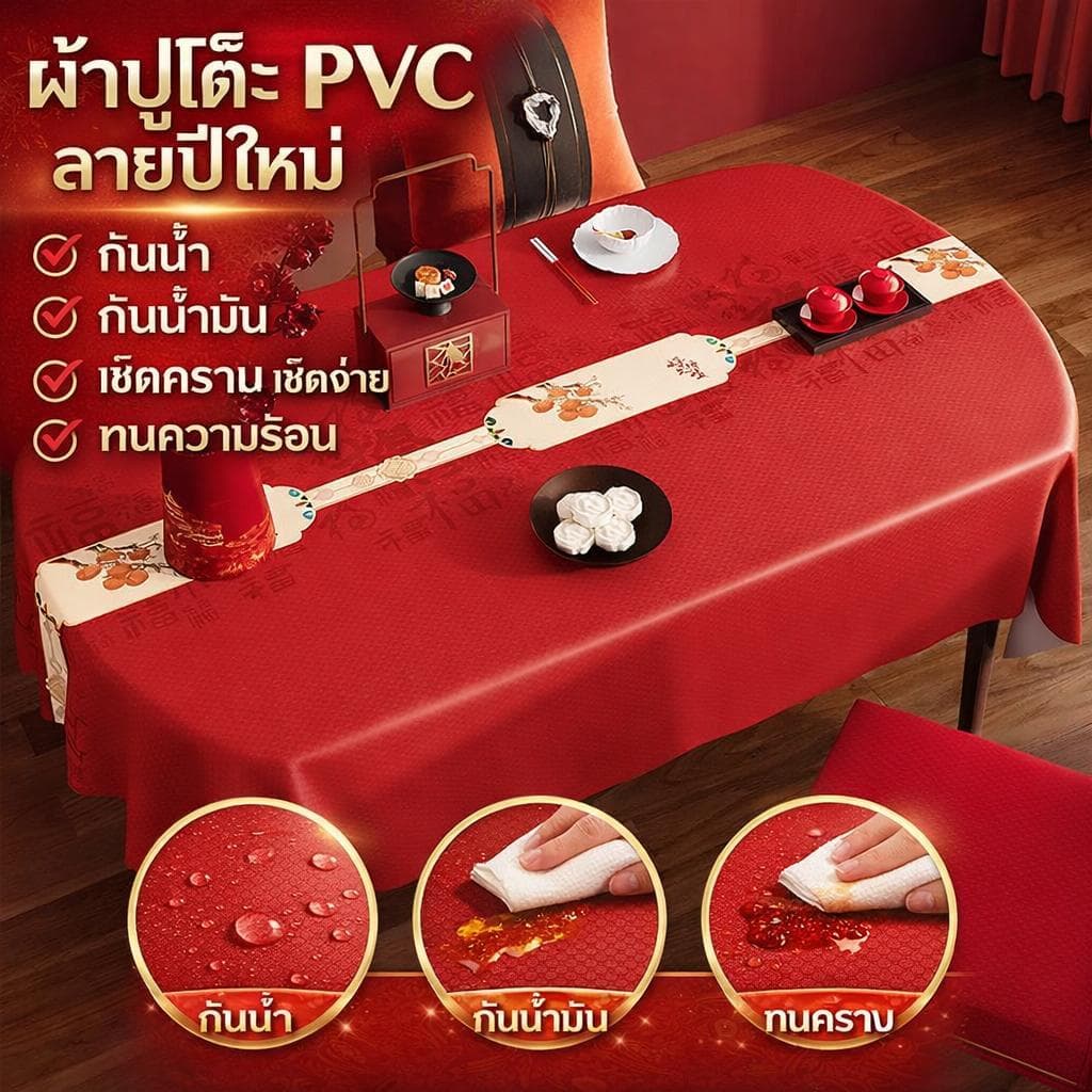 ผ้ารองโต๊ะกันน้ำ กันน้ำมัน ทำความสะอาดง่าย สไตล์เทศกาลรื่นเริน รูปวงรี หรูหราระดับพรีเมียม สำหรับปีใหม่ 2026 รูปที่ 1