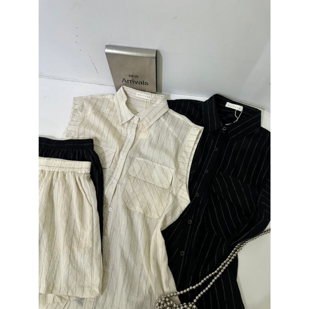 B667 | เซตเสื้อเชิ้ต + กางเกงขาสั้นลายริ้ว ลุคเรียบเท่ รูปที่ 5